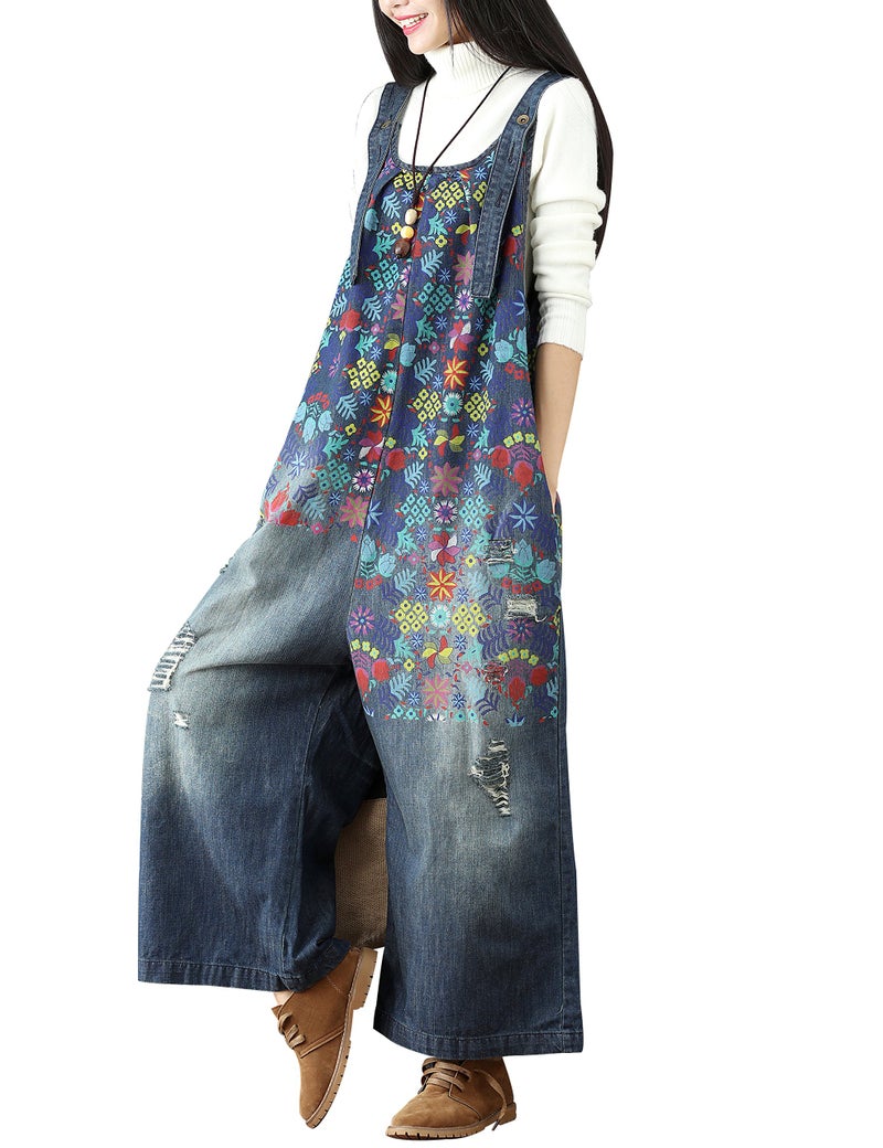 Yeokou Women's Loose Baggy Denim Wide Leg Jumpsuit Rompers Overalls Harem Pants (One Size US S-L, Style 13 Blue) - Image 1